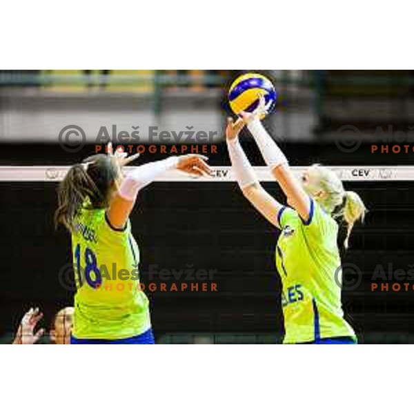 Sasa Planinsec and Eva Mori of team Slovenia in action during 2019 CEV Volleyball European Championship women match between Slovenia and Israel, played in Dvorana Tabor, Maribor, Slovenia on August 15, 2018