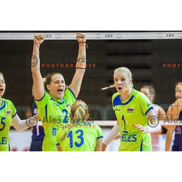 Eva Mori and Tina Grudina of team Slovenia in action during 2019 CEV Volleyball European Championship women match between Slovenia and Israel, played in Dvorana Tabor, Maribor, Slovenia on August 15, 2018