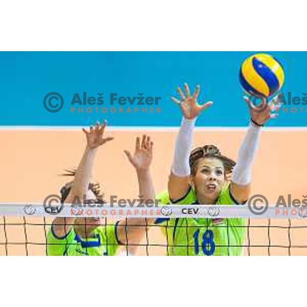 Iza Mlakar and Sasa Planinsec of team Slovenia in action during 2019 CEV Volleyball European Championship women match between Slovenia and Israel, played in Dvorana Tabor, Maribor, Slovenia on August 15, 2018
