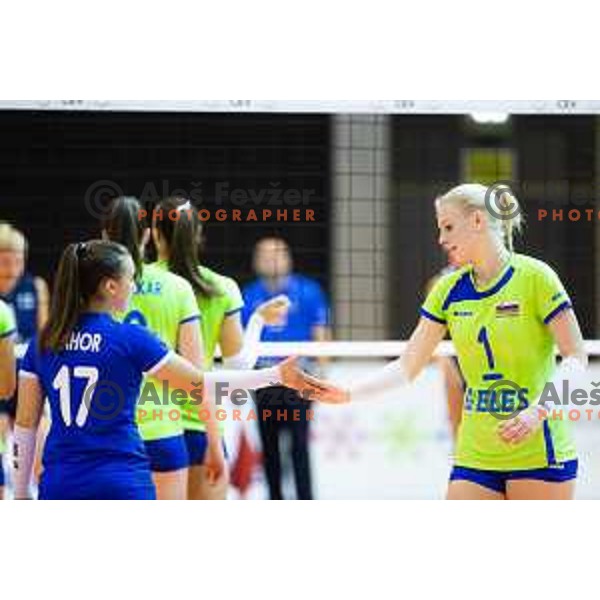 Maja Pahor and Eva Mori of team Slovenia in action during 2019 CEV Volleyball European Championship women match between Slovenia and Israel, played in Dvorana Tabor, Maribor, Slovenia on August 15, 2018