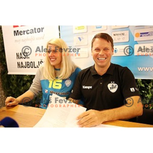 Misa Marincek and Uros Bregar at Krim Mercator press conference before 2018-2019 handball season in Ljubljana, Slovenia on August 16, 2018