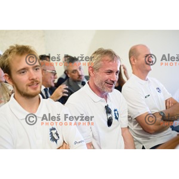 Jure Sotler, Ivo Jan, Nik Zupancic at the pre season press conference of the Alps Hockey League, Bled Castle, Bled, Slovenia