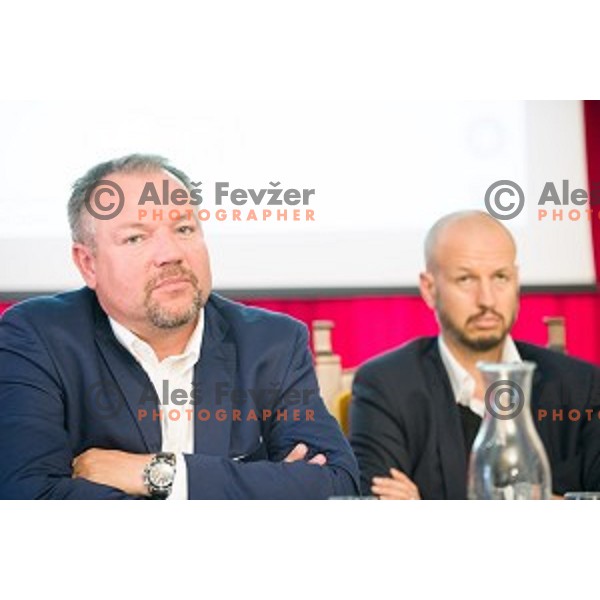 Christian Feichtinger, Dejan Kontrec at the pre season press conference of the Alps Hockey League, Bled Castle, Bled, Slovenia