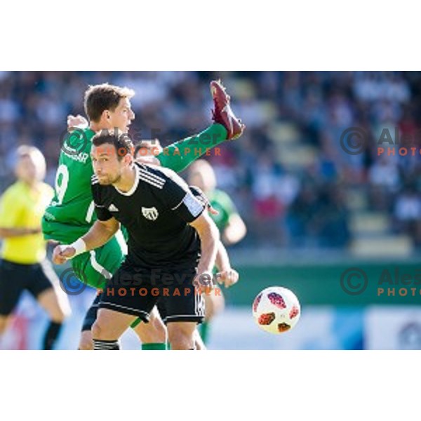 Andres Vombergar, Spiro Perisic in action during Prva liga Telekom Slovenije football match between Mura and Olimpija, Fazanerija, Murska Sobota, Slovenia on September 16, 2018