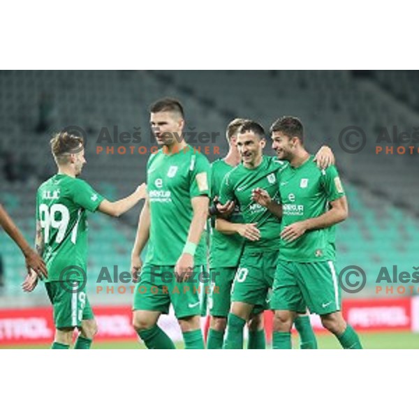 Branko Ilic and Rok Kronaveter of Olimpija celebrate goal during Prva liga Telekom Slovenije 2018-2019 football match between Olimpija and Aluminij in SRC Stozice, Ljubljana on September 23, 2018