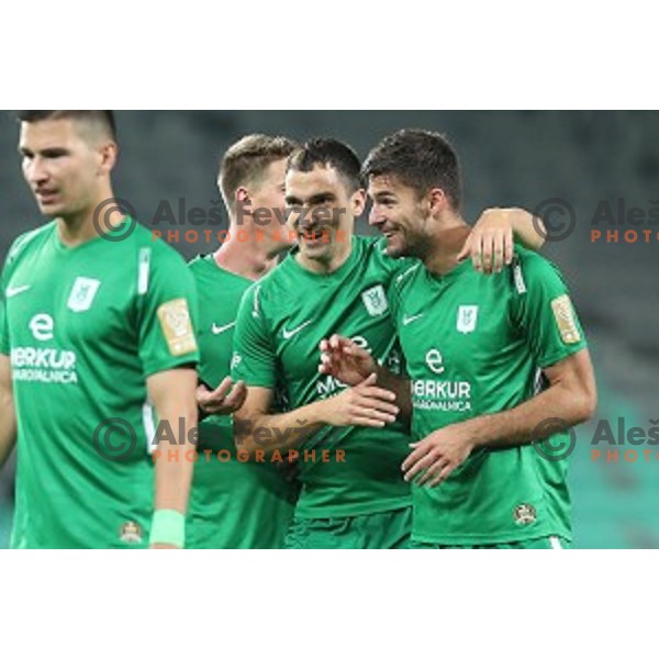 Branko Ilic and Rok Kronaveter of Olimpija celebrate goal during Prva liga Telekom Slovenije 2018-2019 football match between Olimpija and Aluminij in SRC Stozice, Ljubljana on September 23, 2018