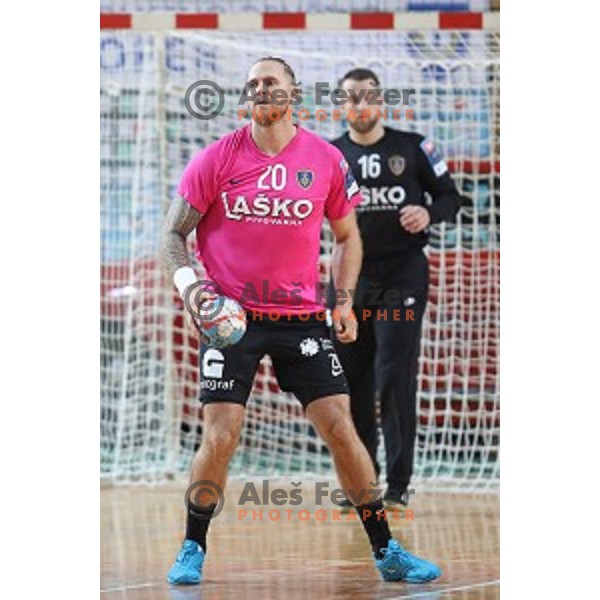 William Accambray in action during 1.NLB leasing League handball match between Koper and Celje Pivovarna Lasko in Koper, Slovenia on October 17, 2018