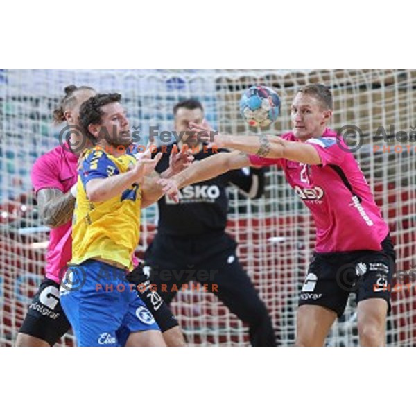 Tilen Kodrin in action during 1.NLB leasing League handball match between Koper and Celje Pivovarna Lasko in Koper, Slovenia on October 17, 2018