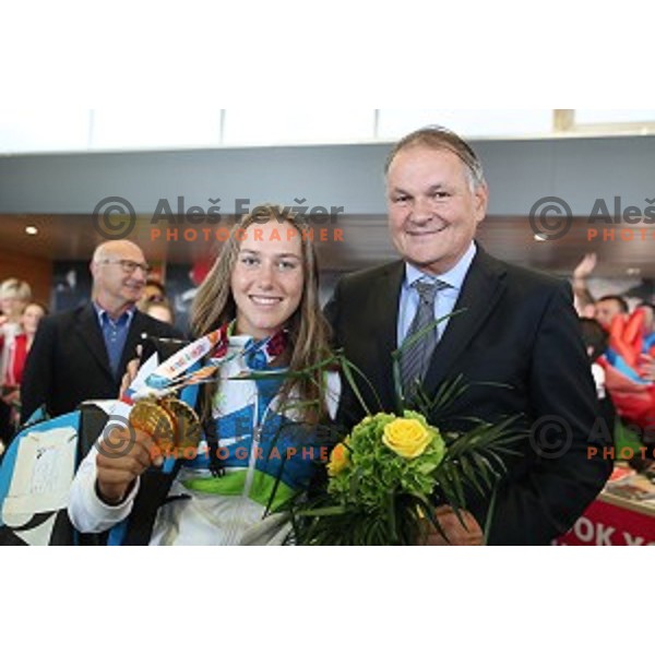 Kaja Juvan of Slovenia Youth Olympic team from Buenos Aires Youth Olympic games and Marko Umberger at Ljubljana Airport on October 20, 2018