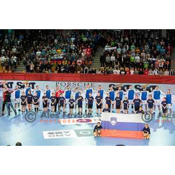 Players of Slovenia prior to handball match between Slovenia and Latvia, Round 1 of European Championship 2020 qualifier, played in Lukna, Maribor, Slovenia on October 24, 2018