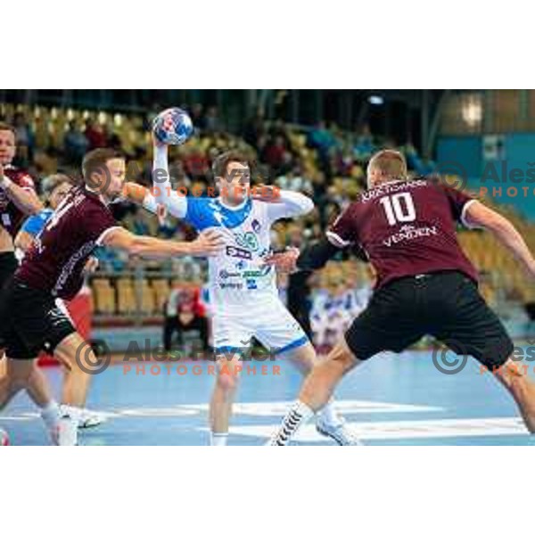 Miha Zarabec in action during handball match between Slovenia and Latvia, Round 1 of European Championship 2020 qualifier, played in Lukna, Maribor, Slovenia on October 24, 2018