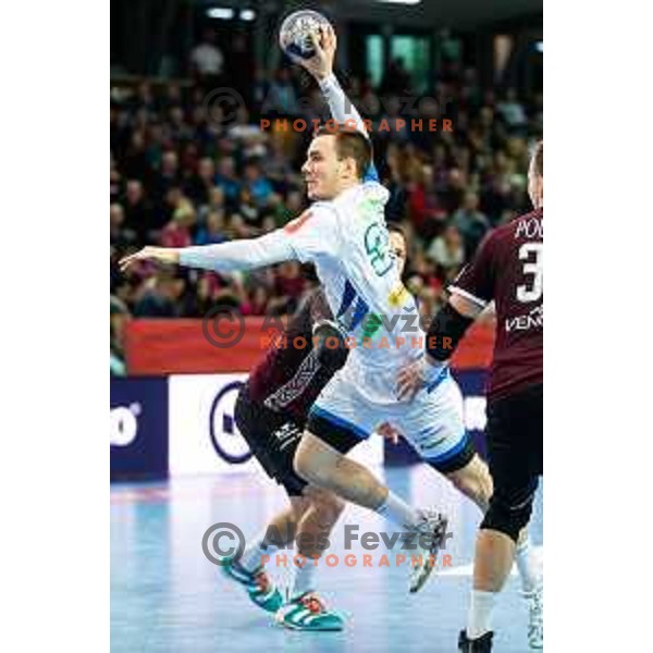 in action during handball match between Slovenia and Latvia, Round 1 of European Championship 2020 qualifier, played in Lukna, Maribor, Slovenia on October 24, 2018