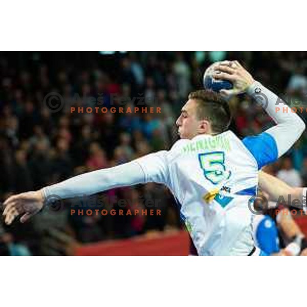 Nik Henigman in action during handball match between Slovenia and Latvia, Round 1 of European Championship 2020 qualifier, played in Lukna, Maribor, Slovenia on October 24, 2018