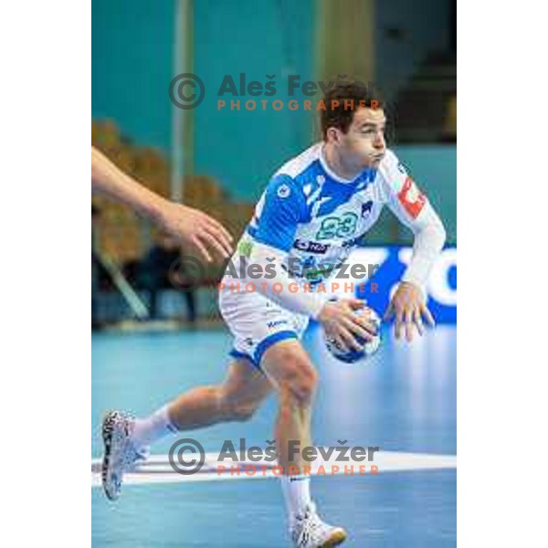 Miha Zarabec in action during handball match between Slovenia and Latvia, Round 1 of European Championship 2020 qualifier, played in Lukna, Maribor, Slovenia on October 24, 2018