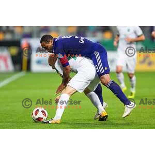 Tomislav Tomic and Marcos Tavares in action during soccer match between Maribor and Olimpija, Round 14 of PLTS 2018/19, played in Ljudki vrt, Maribor, Slovenia on October 27, 2018