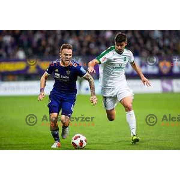 Dino Hotic and Rok Kronaveter in action during soccer match between Maribor and Olimpija, Round 14 of PLTS 2018/19, played in Ljudki vrt, Maribor, Slovenia on October 27, 2018