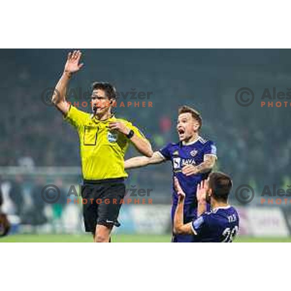 Referee Matej Jug and Dino Hotic in action during soccer match between Maribor and Olimpija, Round 14 of PLTS 2018/19, played in Ljudki vrt, Maribor, Slovenia on October 27, 2018