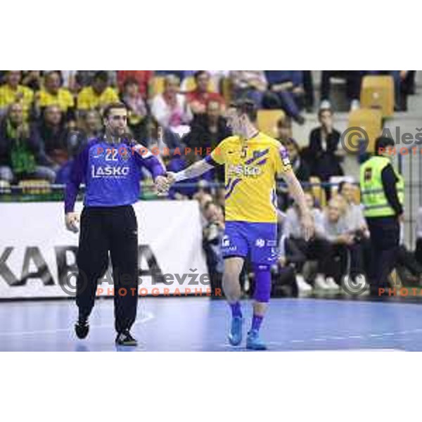 Klemen Ferlin and Jaka Malus in action during handball match between Celje Pivovarna Lasko (SLO) and Zagreb (CRO) in Velux EHF Champions League 2018/19, played in Zlatorog Arena, Celje, Slovenia on November 18, 2018