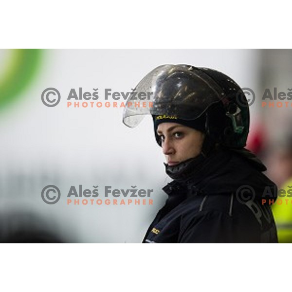 Policewoman in action during Alps league ice hockey match between HK SZ Olimpija and Jesenice , Tivoli hall, Ljubljana, Slovenia on November 25, 2018