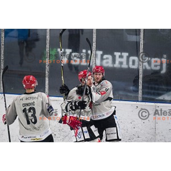 Miha Brus, Luka Basic in action during Alps league ice hockey match between HK SZ Olimpija and Jesenice , Tivoli hall, Ljubljana, Slovenia on November 25, 2018