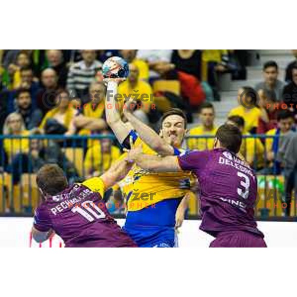 Jaka Malus in action during handball match between Celje PL and Nantes, Velux EHF Champions League 2018/19, played in Zlatorog Arena, Celje, Slovenia on December 2, 2018