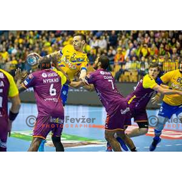 Jaka Malus in action during handball match between Celje PL and Nantes, Velux EHF Champions League 2018/19, played in Zlatorog Arena, Celje, Slovenia on December 2, 2018