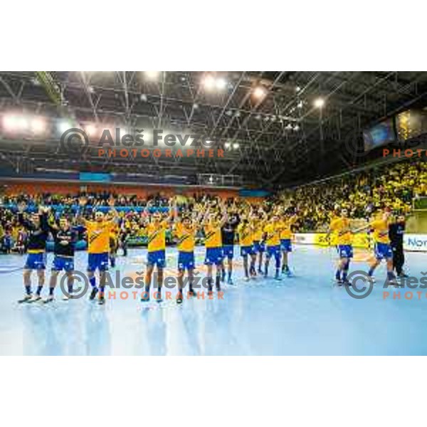 Players of Celje PL celebrating after the handball match between Celje PL and Nantes, Velux EHF Champions League 2018/19, played in Zlatorog Arena, Celje, Slovenia on December 2, 2018