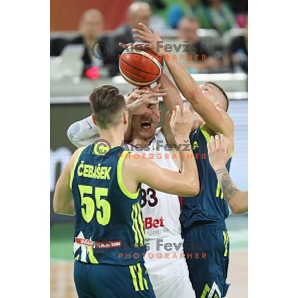 Jakob Cebasek and Edo Muric of Slovenia in action during FIBA Basketball World Cup 2019 European Qualifiers between Slovenia and Latvia in SRC Stozice, Ljubljana, Slovenia on December 2, 2018