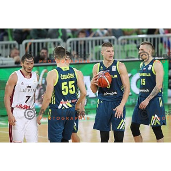 Edo Muric, Gregor Hrovat of Slovenia in action during FIBA Basketball World Cup 2019 European Qualifiers between Slovenia and Latvia in SRC Stozice, Ljubljana, Slovenia on December 2, 2018