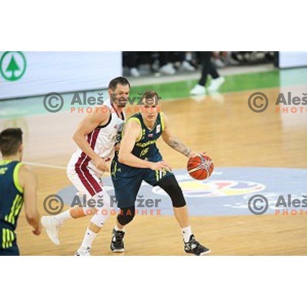 Gregor Hrovat and Janis Blums in action during FIBA Basketball World Cup 2019 European Qualifiers between Slovenia and Latvia in SRC Stozice, Ljubljana, Slovenia on December 2, 2018