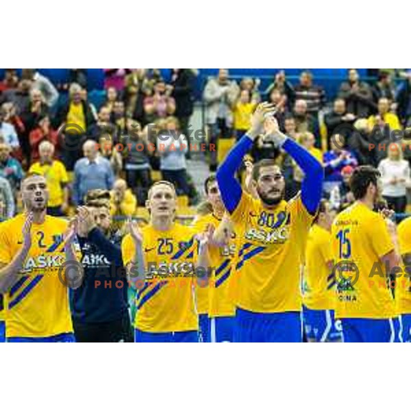 Beciri and other players of Celje PL celebrating after the handball match between Celje PL and Nantes, Velux EHF Champions League 2018/19, played in Zlatorog Arena, Celje, Slovenia on December 2, 2018