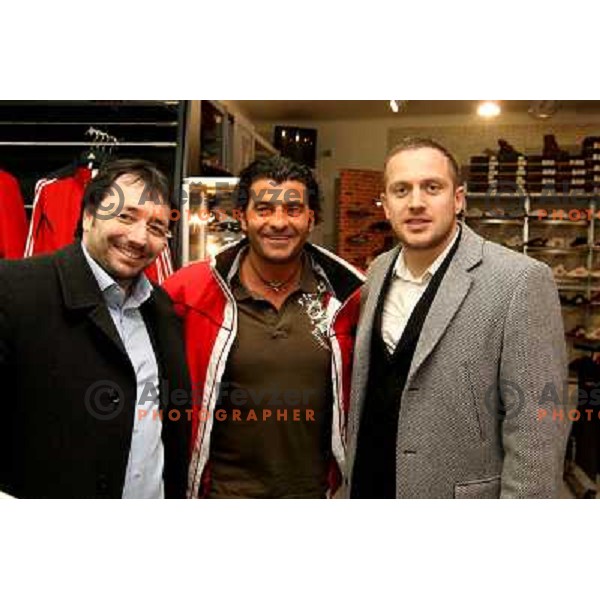 Karlo Strouken, Alberto Tomba and Jure Kosir in citysport shop Ljubljana 