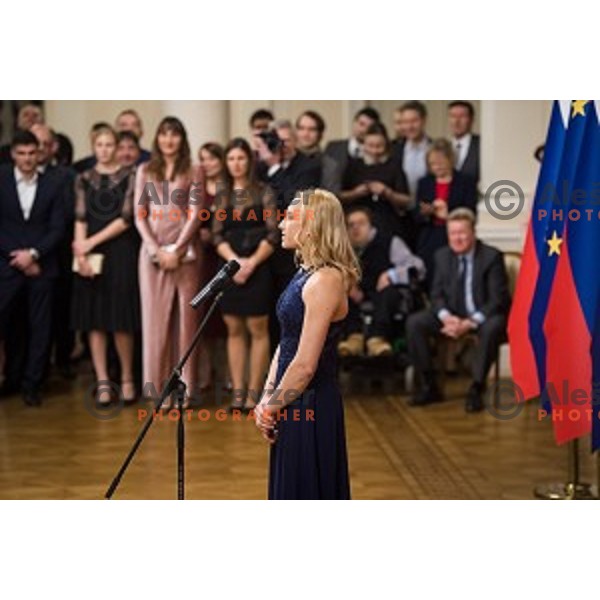 Janja Garnbret speaks at Reception for the best Slovenian sportsmen and sportswoman in the year 2018 held by the president of Slovenia and minister of Education, Science and Sport in Ljubljana on December 19,2018