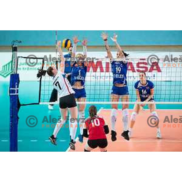Eva Mori and Sara Hutinski of team Slovenia in action during 2019 Women European Championship qualifier volleyball match between Slovenia and Iceland, played in Lukna, Maribor, Slovenia on January 5, 2019