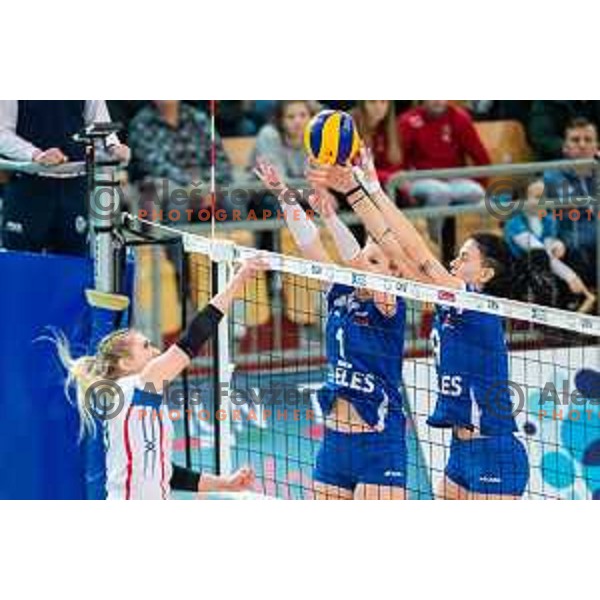 Eva Mori and Sara Hutinski of team Slovenia in action during 2019 Women European Championship qualifier volleyball match between Slovenia and Iceland, played in Lukna, Maribor, Slovenia on January 5, 2019