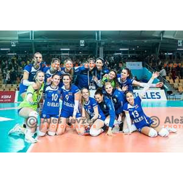 Team Slovenia celebrating after the 2019 Women European Championship qualifier volleyball match between Slovenia and Iceland, played in Lukna, Maribor, Slovenia on January 5, 2019