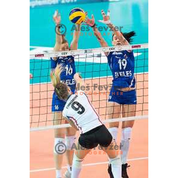 Darja Erzen and Sara Hutinski of team Slovenia in action during 2019 Women European Championship qualifier volleyball match between Slovenia and Iceland, played in Lukna, Maribor, Slovenia on January 5, 2019