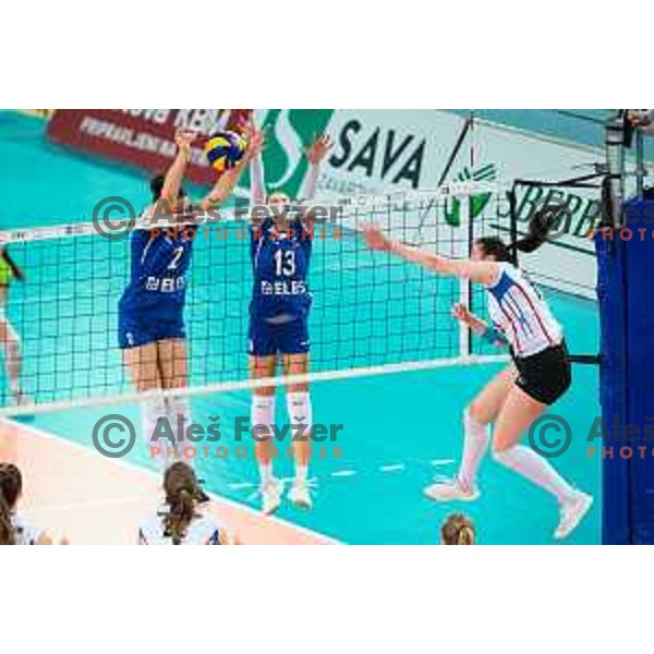 Tina Grudina and Anita Sobocan of team Slovenia in action during 2019 Women European Championship qualifier volleyball match between Slovenia and Iceland, played in Lukna, Maribor, Slovenia on January 5, 2019