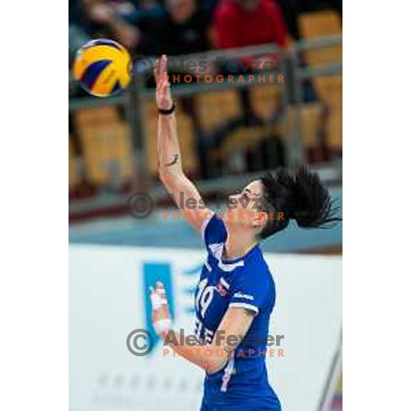 Sara Hutinski of team Slovenia in action during 2019 Women European Championship qualifier volleyball match between Slovenia and Iceland, played in Lukna, Maribor, Slovenia on January 5, 2019