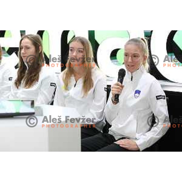 Kaja Juvan, Nina Potocnik and Nika Radisic, members of Slovenia FED Cup tennis team during press conference in Ljubljana on January 31, 2019