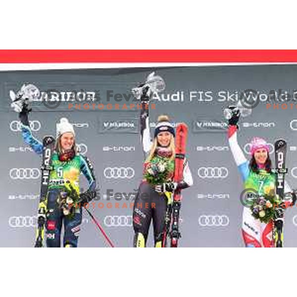 Anna Swenn Larsson (SWE), Mikaela Shiffrin (USA) and Wendy Holdener (SUI) at podium of AUDI FIS World Cup Slalom for 55. Golden Fox Zlata Lisica in Maribor, Slovenia on February 2, 2019