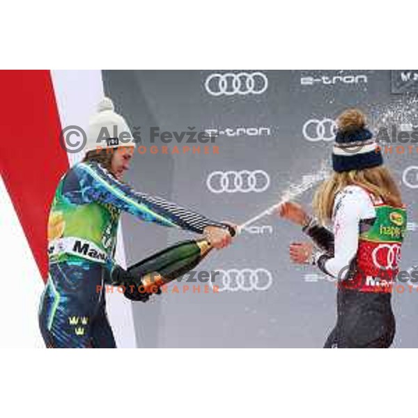 Anna Swenn Larsson (SWE)and Mikaela Shiffrin (USA) sprey with sparkling wine at AUDI FIS World Cup Slalom for 55. Golden Fox Zlata Lisica in Maribor, Slovenia on February 2, 2019