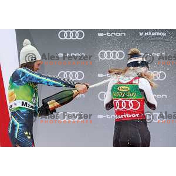 Anna Swenn Larsson (SWE)and Mikaela Shiffrin (USA) sprey with sparkling wine at AUDI FIS World Cup Slalom for 55. Golden Fox Zlata Lisica in Maribor, Slovenia on February 2, 2019