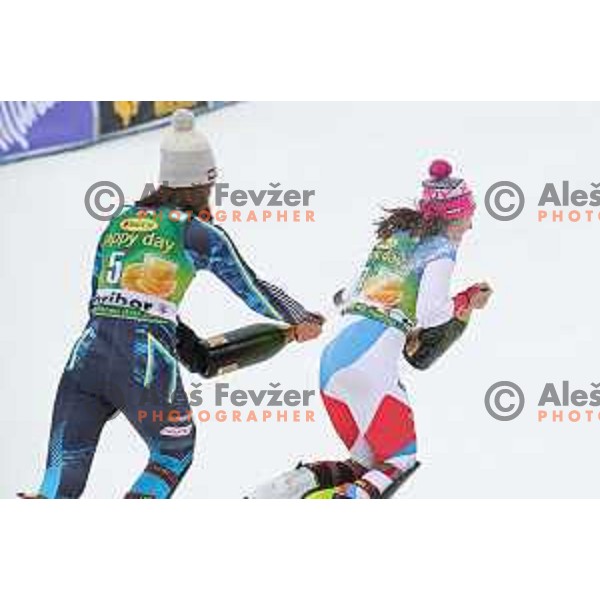 Anna Swenn Larsson (SWE) and Wendy Holdener (SUI) at AUDI FIS World Cup Slalom for 55. Golden Fox Zlata Lisica in Maribor, Slovenia on February 2, 2019