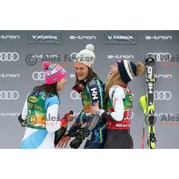 Wendy Holdener (SUI), Anna Swenn Larsson (SWE), Mikaela Shiffrin (USA) at podium of AUDI FIS World Cup Slalom for 55. Golden Fox Zlata Lisica in Maribor, Slovenia on February 2, 2019
