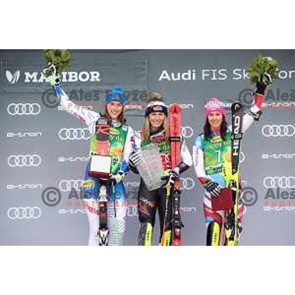Petra Vlhova (SVK), Mikaela Shiffrin (USA) and Wendy Holdener (SUI) with trophies for 55. Golden Fox Zlata Lisica in Maribor, Slovenia on February 2, 2019