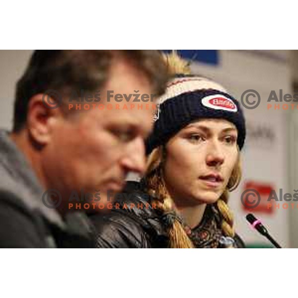 Mikaela Shiffrin (USA) winner of AUDI FIS World Cup Slalom for 55. Golden Fox Zlata Lisica in Maribor, Slovenia on February 2, 2019 during press conference after the race