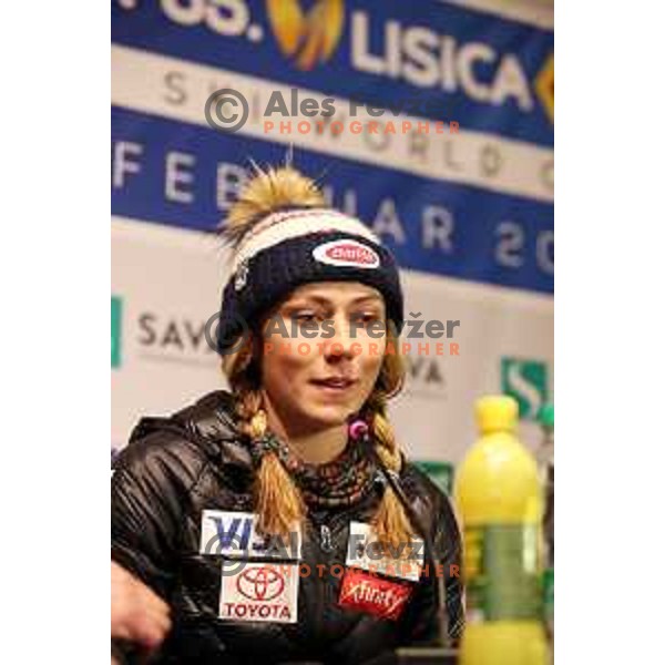 Mikaela Shiffrin (USA) winner of AUDI FIS World Cup Slalom for 55. Golden Fox Zlata Lisica in Maribor, Slovenia on February 2, 2019 during press conference after the race