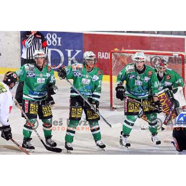 Petrialainen ,Felsner, Tavzelj and Westlund (left to right) at ice-hockey game ZM Olimpija- TWK Innsbruck in Ebel league, played in Ljubljana, Slovenia 3.2.2008.ZM Olimpija won the game 5;2. Photo by Ales Fevzer 