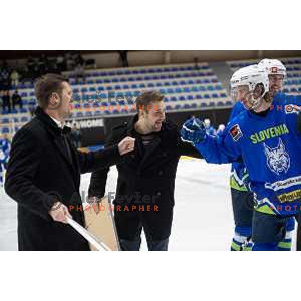Marcel Rodman, Robert Kristan and Ziga Jeglic in action during EIHC ice-hockey match between Slovenia and Hungary in Bled Ice Hall, Slovenia on February 7, 2019